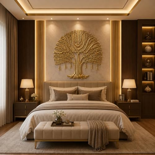 Image of Bharat Art IRON CUCUMBER LED TREE Metal Wall Decor | Luxury Golden Tree Wall Art with LED Light | Modern Iron Wall Hanging for Living Room Bedroom Hall Office Home Decoration | 24x1.5x24 | CW389