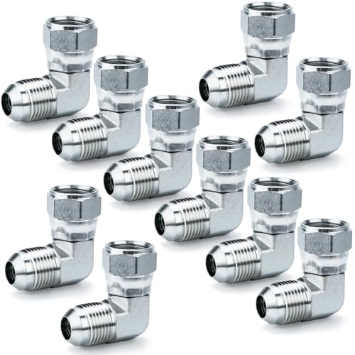 Image of 90 Elbow Straight Hydraulic Hose Adapter Fittings, 6500-08-08 1 /2 inch Male JIC (3 /4 inch-16 thread) x 1 /2 inch Female JIC (3 /4 inch-16 thread) Swivel Connectors x 10 pack