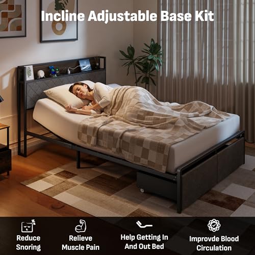 Image of Softa Queen Adjustable Bed Frame with Storage Headboard and Charging Station, Power Head Lift with 2 Footboard Drawers, Upholstered Metal Frame, No Box Spring Needed