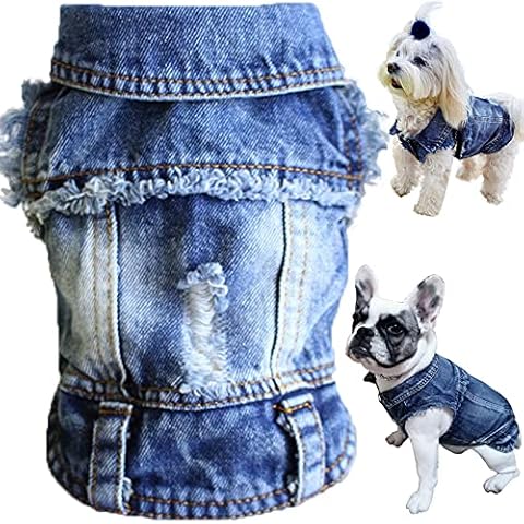Brocarp Dog Jean Jacket, Blue Denim Lapel Vest Coat T-Shirt Costume Cute Girl Boy Puppy Clothes, Comfort and Cool Apparel, for Small Medium Dogs Cats, Machine Washable Outfits (Small, Blue) Cover