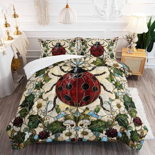 Image of AILONEN Queen Comforter Set 3 Piece, Red Ladybug Blossom Vine 3D Printed Bedding with 2 Pillowcases, Soft Lightweight Microfiber Cottage Decor for Master Suite