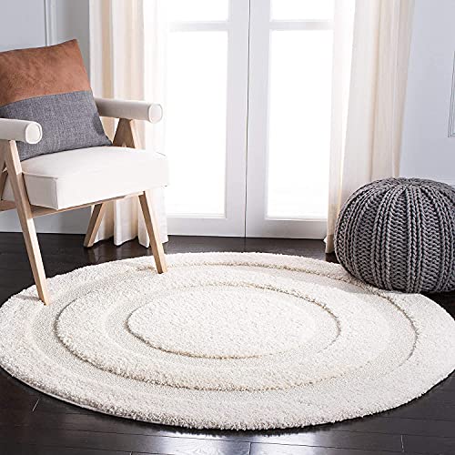 Image of Rectangular Box Round Shaggy Carpet for Living Room, Bedroom, High Low Design Finish Microfiber 1.8 Inch Pile High, 8x8 Feet Cream|Cream Color