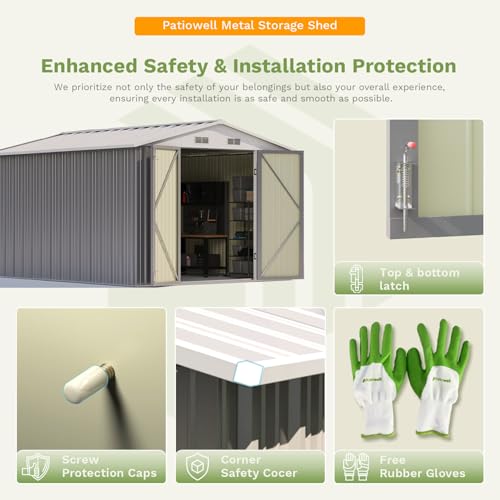 Image of Patiowell 10 x 12 FT Metal Storage Shed for Outdoor with Floor Frame, Steel Yard Shed with Design of Lockable Doors, Utility and Tool Storage for Garden, Backyard, Patio, Outside use, Grey