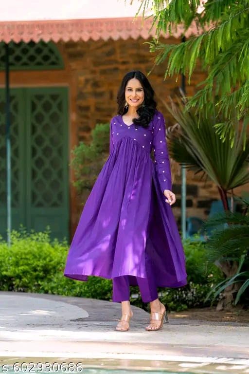 Image of Women's Long Kurta Set with Pant Polka Dots, Embroidered, V-Neck Empire Waist, Full Sleeves