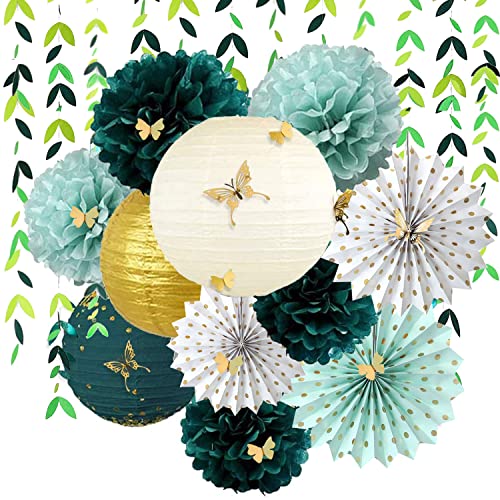 Bdecoll Décorations de fête de mariage - Pompons verts à suspendre en papier de soie - Feuilles d'or - Lanterne en papier pour fête de mariée, anniversaire, fête prénatale Cover