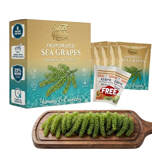 Premium Dehydrated Sea Grapes with Dipping Sauce (5.29oz of 6 Packs) – Organic Green Caviar Seaweed Snack for Sushi & Salads | Vegan, Keto, Gluten-Free Umibudo Lato | TikTok Viral Food