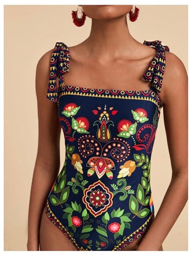 Floerns Women's Tropical Print Tie Shoulder One Piece Swimsuit Tummy Control Swimwear2