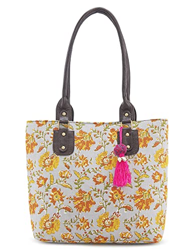 Image of NEPRI Office Pouch Tote Bag | Stylish Set of 2 Tote Bags for Women| Vegan Leather & Handblock Printed Fabric Handbag with Double Handle Shoulder Strap| Daily & Travel Use
