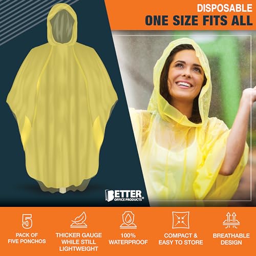 Image of Better Office Products Disposable Yellow Rain Ponchos with Hood for Adults (Thicker Gauge), Emergency Ponchos, Lightweight