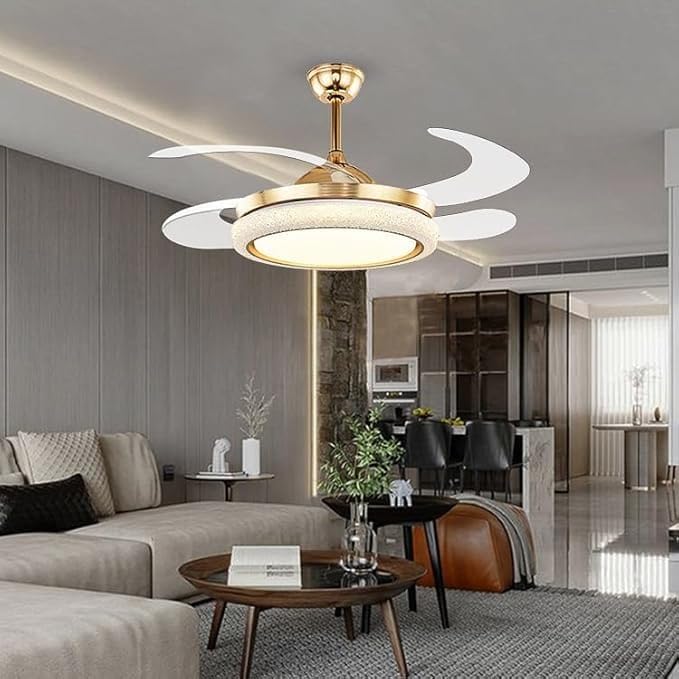 Image of Harold Electricals Modern LED Ceiling Fan with Retractable Blades, Gold and White, Remote Control, Dimmable Light, for Living Room, Bedroom, Dining Room, Home Decor Hanging Light & Fan