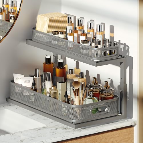 Image of 2-Pack 21.3 IN Depth Under Sink Organizer With Next-Gen Ball-Bearing Slides,Sophisticated Mesh 2-Tier Pull Out Shelf for Kitchen & Bathroom,Fits Small Items-Gun Gray