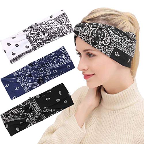 Cagora Criss Cross Flower Headbands Running Stretch Hair Bands Non Slip Sweat Turban for Women and Girls (pack of 3）