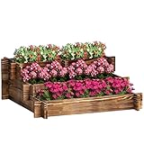 Outsunny Jardinera de Madera Arriate de Jardín de 3 Niveles con Diseño de Escalera y Tela no Tejida Huerto Urbano para Cultivos Plantas Flores para Terraza Jardín 93x93x35 cm Carbonizado