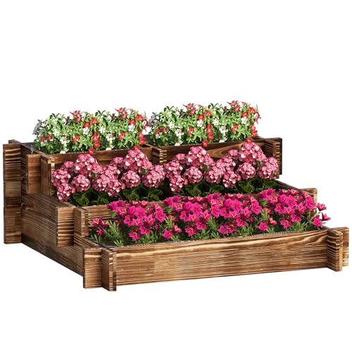 Outsunny Jardinera de Madera Arriate de Jardín de 3 Niveles con Diseño de Escalera y Tela no Tejida Huerto Urbano para Cultivos Plantas Flores para Terraza Jardín 93x93x35 cm Carbonizado