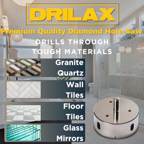 Drilax 2-7/8" Diamond Hole Saw | 1-1/8" Cutting Depth | Standard 3/8" Shank | Wet Drilling for Glass, Porcelain, Ceramic, Tile, Quartz, Granite, Marble | Drain, Pipe & Shower Valves