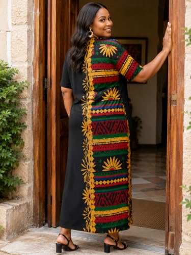 Image of Plus Size Maxi Dress for Women Short Sleeve V Neck Casual Loose Sundress with Pockets