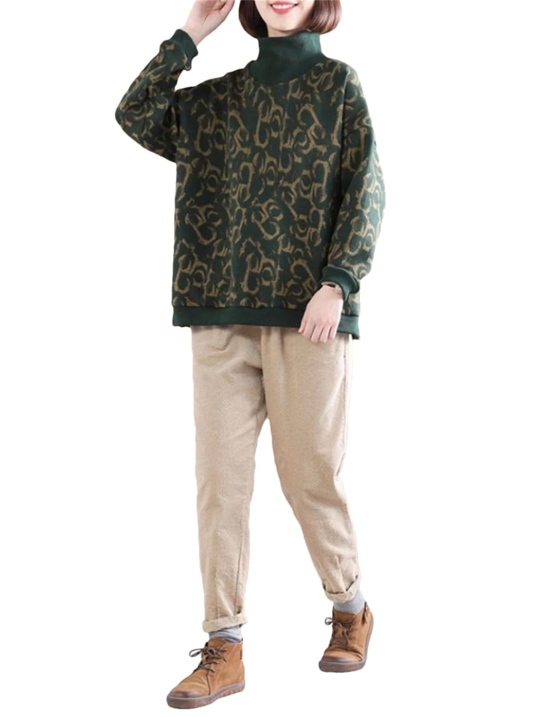 Zimowy damski sweter ciepły retro nadruk grube bluzy luźne topy z długim rękawem