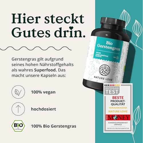 NATURE LOVE® Bio Gerstengras - 180 Kapseln - 500mg pro Kapsel - aus deutschem Anbau - - Hochdosiert, laborgeprüft, zertifiziert Bio, in Deutschland produziert