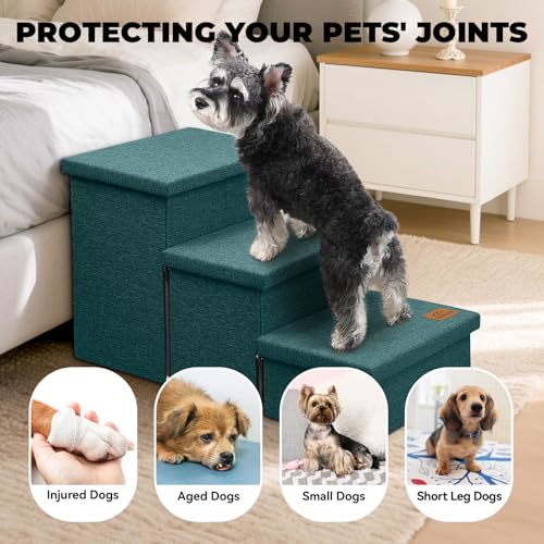 Image of Zerbuger Dog Stairs with Storage 18 inch H, 3-Step Wider Dog Steps for Small /Medium /Large Old Dogs Cats, Folding Sturdy Pet Stairs for Climbing Bed Couch, Ramp for Car Hold Up to 200 lbs, Dark Green