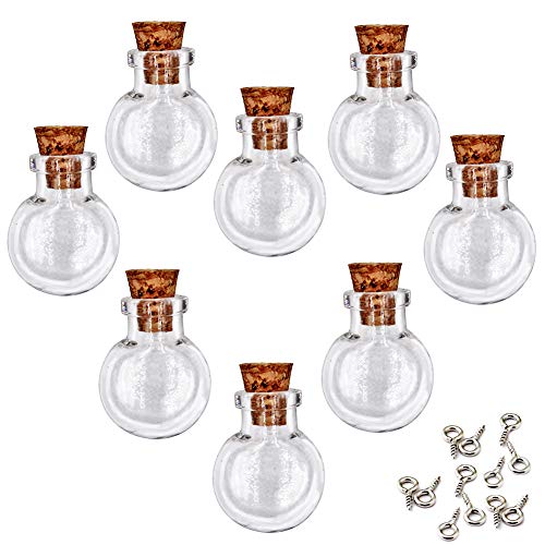 LEFV Mini Cork Top Glass Bottle Vial Charm 1 Inch - 12pcs Clear Bottles with Corks and 12pcs Eye Screws - Miniature Empty Sample Jars Message Bottle Small Tiny Size Pendant,Flat Round