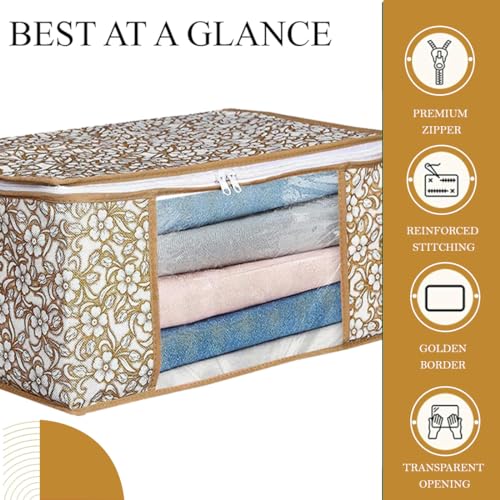 Image of Ai Ankit International Non-Woven Saree Covers With Zip | Set Of 3 Clothes Cover Bags - Storage Organizer For Saree | Shirts | Salwar Suit | Lehenga - Dress Organizer For Wardrobe, 22 Cm, Beige, 32 Cm
