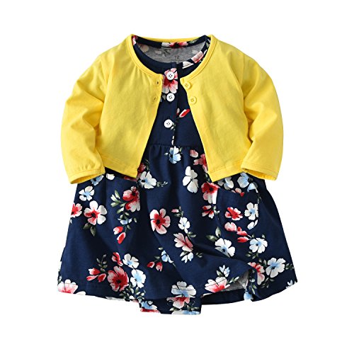 Baby Girl's Long Sleeve Jacket Short Sleeve Romper Dress Skirt Casual Toddler Baby 2Pcs Girl Clothes Set Outfit (Yellow+Blue Flower, 12-18 Months/85)