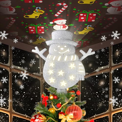 Trrisaun Christmas Tree Topper Lighted with 6 Projected Patterns, Christmas Snowman Tree Topper Built-in LED Rotating Lights, 3D Glitter Projector for Party Holiday Xmas Decorations Gifts