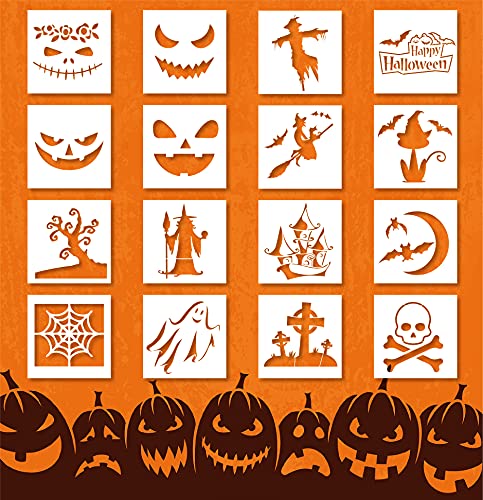 16 Pieces Halloween Stencils for Painting on Wood Happy Halloween Bat Witch Old Castle Ghost Face Spider Web Grimace Art Painting DIY Mould Decor Paint Halloween Wooden Signs Wall Art.