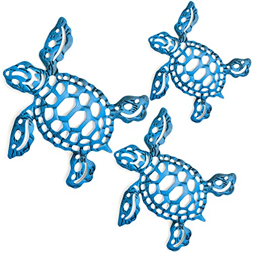 Metal Sea Turtle Wall Art Decor,Set of 3 Beach Ocean nautical Theme Hanging Decorations, Metal Art Decor for Patio Fence Living Room Pool Bathroom Garden(Blue)