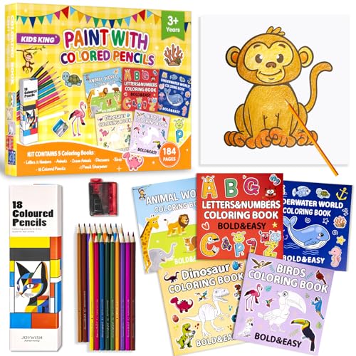 Image of KIDS KING Coloring Book Kit, 5 Themes: Letters & Numbers | Animals | Ocean | Dinosaurs | Birds, Contains Colored Pencils Cute Styles for Painting, Arts & Crafts for Adults and Teens