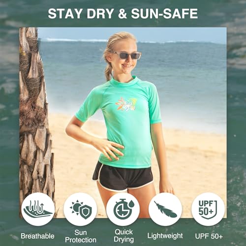 Image of Kanu Surf Girls' Jade Rash Guard UPF 50+ Sun Protection Short Sleeve Swim Shirt