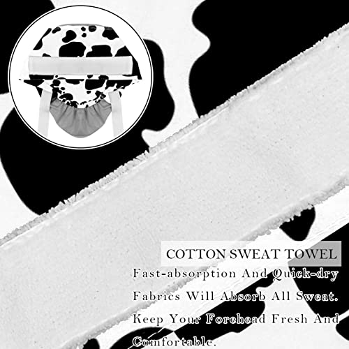 Image of 2 PCS Bouffant Cap with Button Ponytail Pouch Working Cap Sweatband Adjustable Surgical Cap Black and White Cow