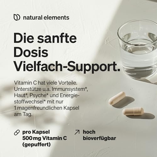 natural elements Vitamin C gepuffert 500mg – 120 vegane Kapseln – magenschonend, pH-neutral, säurefrei – aus Fermentation von Mais ohne Gentechnik gewonnen – in Deutschland entwickelt & laborgeprüft