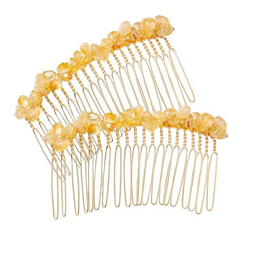 Image of 2pack Decorative hair side comb natural stone natural crystal citrine hair comb, Colorful Hair Accessory For Women