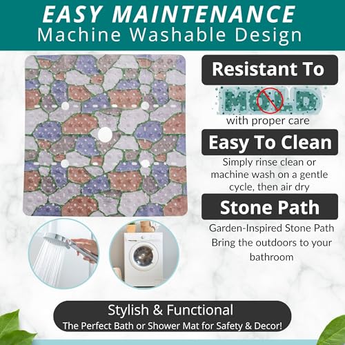 Image of ENKOSI Square Shower Mat 27x27 inch - Anti Slip Shower Stall Floor Mat - Non Slip Shower Mats with Strong Secure Suction Cups and Drain Holes in Middle (27x27 Stone Path)
