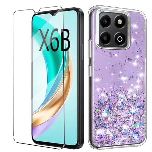 HuiYouMY Glitter Bling Case Cover Compatible with HONOR X6B 4G Phone Case with 1 Pack Tempered Glass Screen Protector Phone Case Soft TPU Slim Fit Shockproof Anti-Scratch-Purple