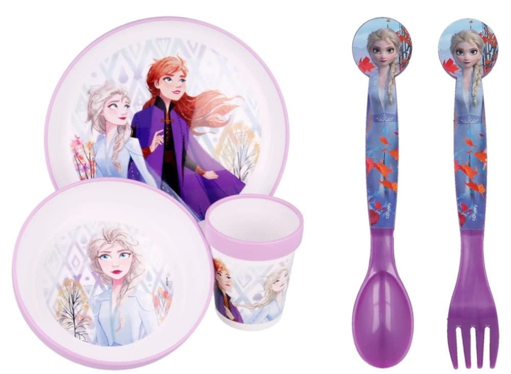 Frozen 5 Piece Coloured BPA-Free Premium Micro Dining Set - Plate Bowl Tumbler Spoon and Fork Dinnerware Set for Children