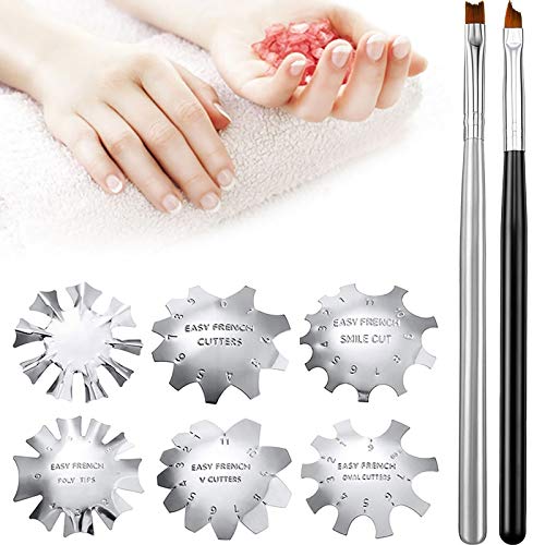 French Smile Line Cutter Tool,6 PCS Gel Cutter Tool with French Nail Brush Stainless Steel Edge Trimmer French Manicure kit for DIY Nail Art and Nail Salon