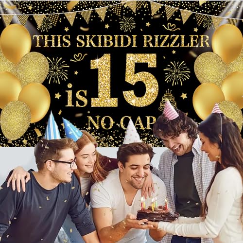 Image of Black Gold This Skibidi Rizzler is 15 No Cap Happy Birthday Backdrop Banner Photography Background Decorations for 15th Year Boys Girls Bday Party Accessories Supplies 72.8 * 43.3in