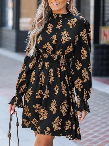CUPSHE Women's Mock Neck Floral Mini Fall Dress Long Ruffle Sleeve Elastic Waist Smocked Casual Flowying Mini Dresses4