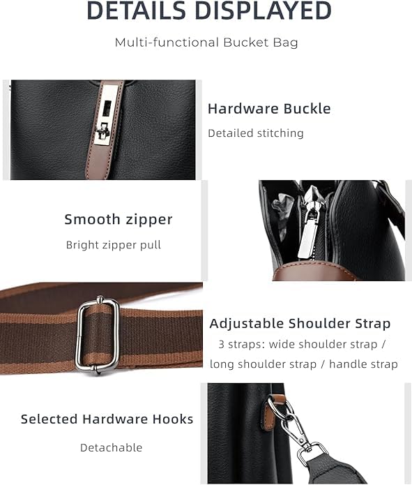 Three Straps Bucket Bag for Women, Large capacity, Zipper Compartments, Adjustable Wider Shoulder Strap4