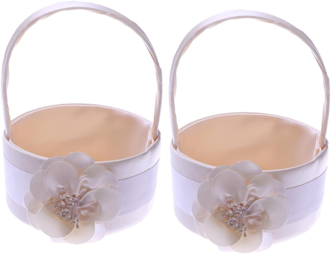 ULTECHNOVO Satin Flower Girl Basket for Wedding 2pcs Handheld Flower Basket Set with Ribbon Bow Wedding Party Supplies and Ceremony Decoration