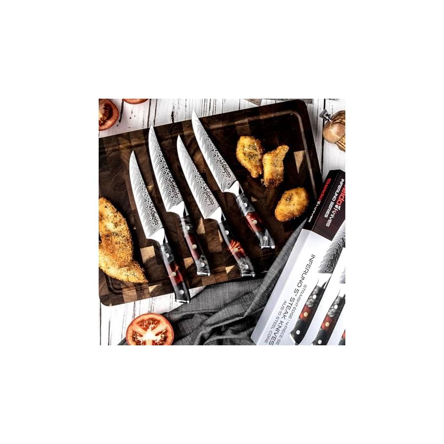 Inferuno-4-Piece-Steak-Knife-Set--67-Layer-AUS-10-Damascus-Steel--Red-Epoxy-Resin-and-Maple-Wood-Handles--Knife-Japanese-Inferuno-Japanese-Inferuno-Knife-Damascus-Knife-Set-Japanese-Knife-Set Inferuno 4-Piece Steak Knife Set – 67-Layer AUS-10 Damascus Steel – Red Epoxy Resin and Maple Wood Handles – Knife Japanese Inferuno, Japanese Inferuno Knife, Damascus Knife Set, Japanese Knife Set