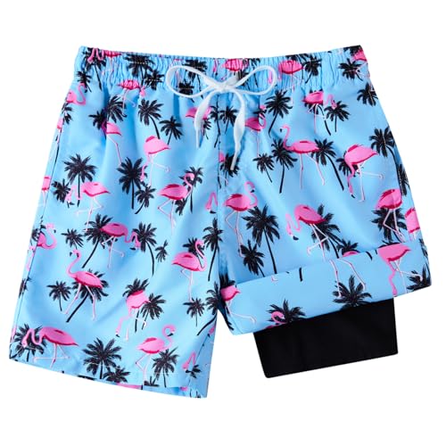 Boys Swim Trunks with Compression Liner Novelty Pink Flamingo Graphic Bathing Suit Swimwear Stretchy Swimming Beach Board Shorts for Casual Swimwear with Pockets 8-10 Yrs