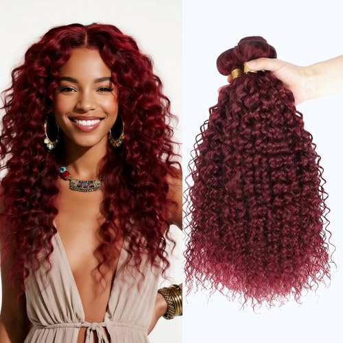 LUMWAV 99J Burgundy Jerry Curly Human Hair Bundles 14 16 18 Inch 3 Bundles Brazilian Remy Hair Extensions Curly Weave Soft Bouncy Sew In for Black Women
