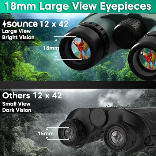 Image of Sounce 12x42 Binoculars for Long Distance | Ultra HD Binocular for Adults | BAK4 Prism Green Coated | Bird Watching Wildlife Safari | 360 Degree Tripod & Pouch Included (Green)