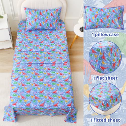 Image of Viviland 3 Pieces Boys Dinosaur Twin Sheet Set - Soft Microfiber Fitted Flat Sheets & Pillowcase Bed Sheet Set - Blue Forest Dinosaur Print Bedding Sets for Kids
