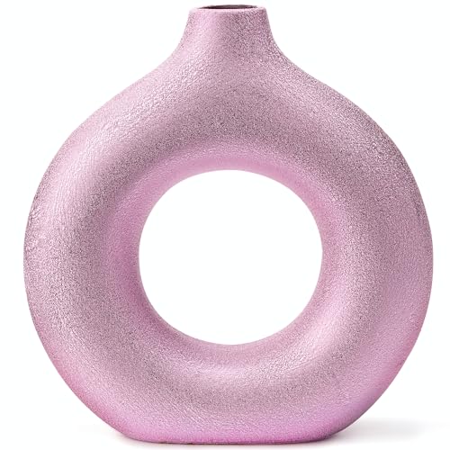 Gold with Texture Donut Hollow Ceramic Vase, Handmade Minimalist Boho ins Style, Modern Vase for Home Decor for Wedding Dinner Table Party Living Room Office Bedroom (Purple Gold, Exra Large)