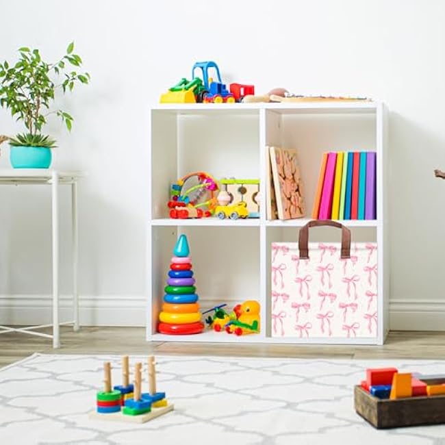 Pink Bow Storage Basket Waterproof Canvas Toy Storage Bin Coquette Room Decor Collapsible Outdoor Basket with Leather Handles Pink Bow Room Decor Blanket Baskets For Closets,Bedrooms,Gifts Baskets