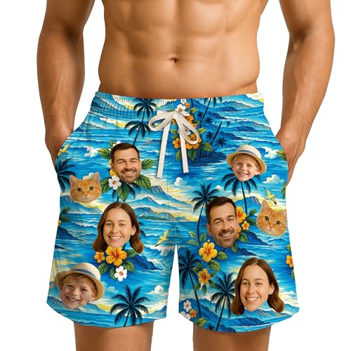 Custom Hawaiian Shorts for Men with Photo, Custom Face Swim Trunks, Personalized Swim Trunks for Men